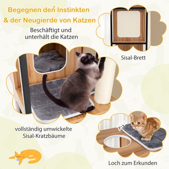 Kattenboom met sisal krabplank en sisal krabpalen, ontmoet de instincten en nieuwsgierigheid van katten, met twee katten.