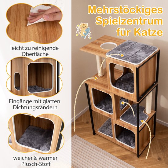 Kattenboom met houtkleurige details, met makkelijk schoon te maken oppervlak, ingangen met gladde randen en zachte pluche stof.