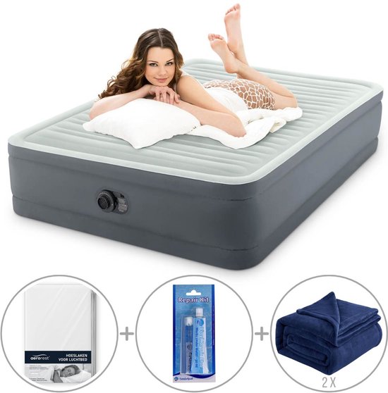 Lit Gonflable Intex Prem'Aire 2 Personnes - 191x137x46 Cm, Gonfleur Intégré - Gris, Sac Inclus - 9