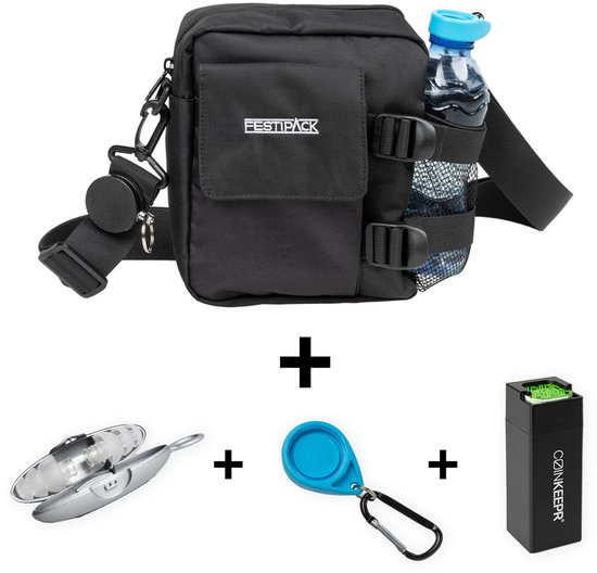 Sac à bandoulière Festipack avec porte-bouteille - Sac Festival - Avec Partydop et Coinkeepr - Zwart