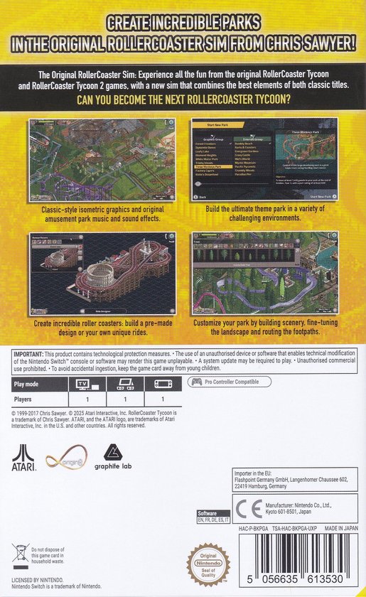 Vergelijk klassieke en moderne parkontwerpen. Bouw de ultieme achtbaan. Pas uw park aan met landschap en paden.
