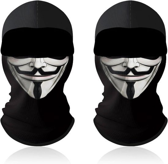Twee zwarte bivakmutsen met Guy Fawkes-gezichtsprint.
