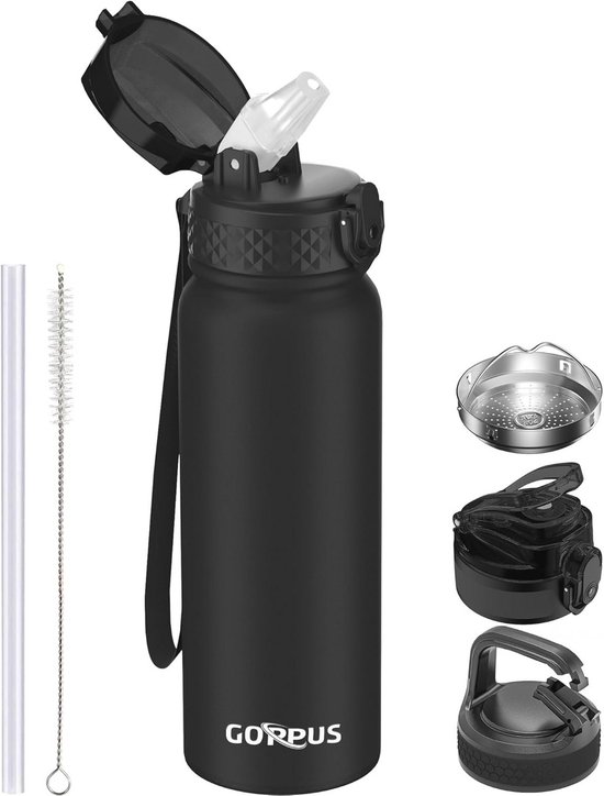 Geïsoleerde roestvrijstalen waterfles van 910 ml met rietje voor buitensporten en reizen, BPA-vrij, lekbestendige autoflessen... (Rood