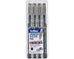 ARTLINE Drawing System - 1 x set van 4 Fineliners - 0.2-0.4-0.6-0.8mm Lijndiktes - Zwart