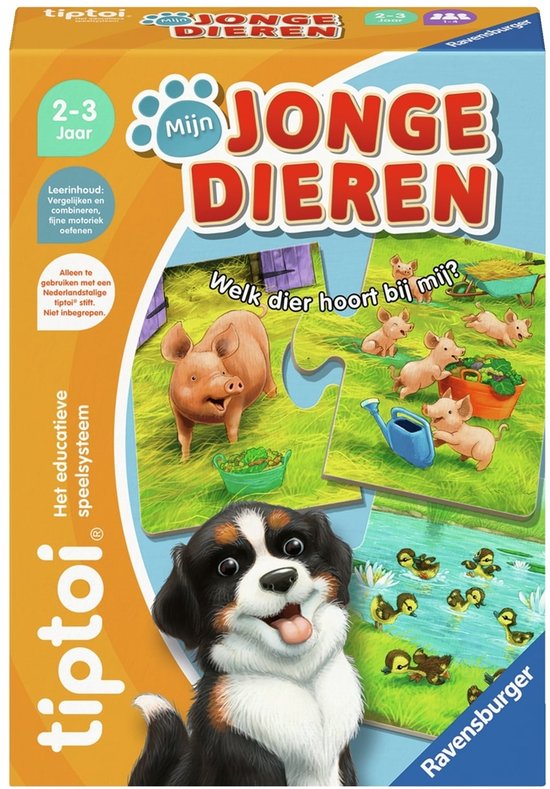 Doos van het spel 'Mijn Jonge Dieren' met een hond, varkens en eenden. Nederlandse tekst.