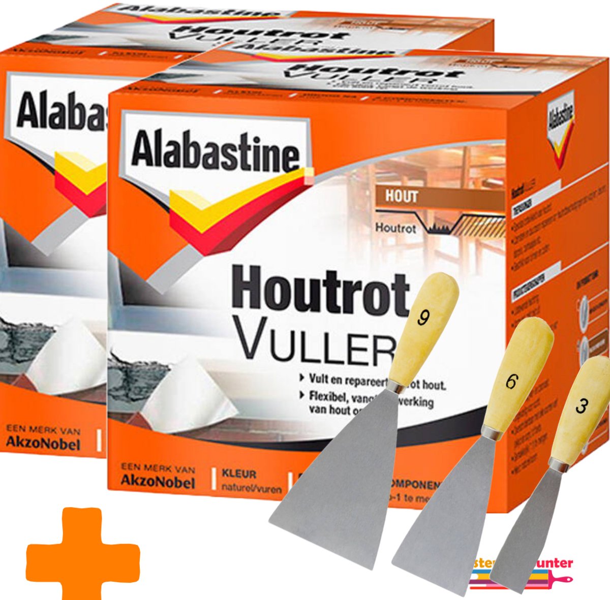 Alabastine 2 stuks Houtrotvuller 500 g - 2 Componenten + Plamuurmes Set 3-Delig (3cm, 6cm, 9 cm)