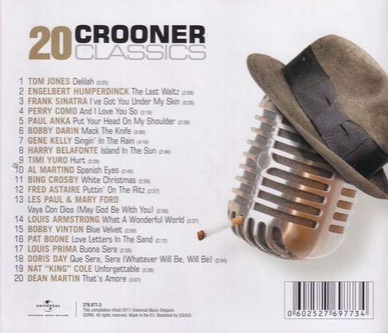 Achterkant albumhoes '20 Crooner Classics' met tracklist, retro microfoon, hoed en brandende sigaret.