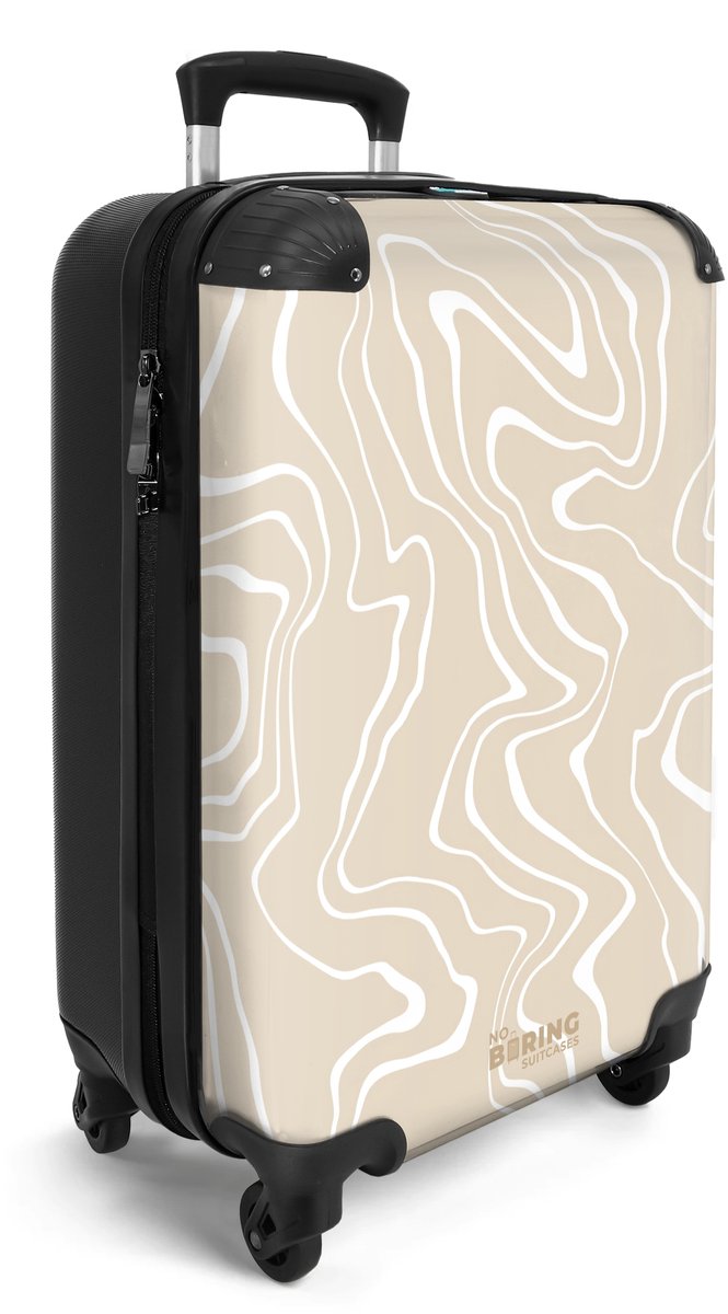 NoBoringSuitcases.com® - Handbagage koffer lichtgewicht - Reiskoffer trolley - Beige met abstracte witte lijnen - Reis rolkoffer met wieltjes - Cabin koffertje klein - Carryon valies - Harde bagagekoffer - Past binnen 55x40x20 en 55x35x25