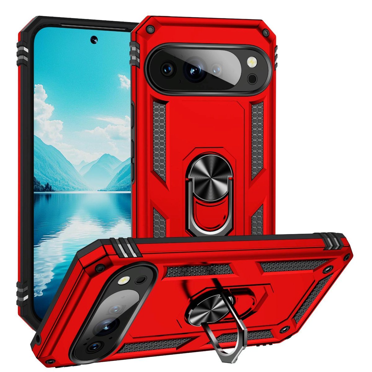 Mobigear Hoesje geschikt voor Google Pixel 10 Pro XL Telefoonhoesje Hardcase | Mobigear Armor Ring Backcover Shockproof met Ringhouder | Schokbestendig Pixel 10 Pro XL Telefoonhoesje | Anti Shock Proof - Rood