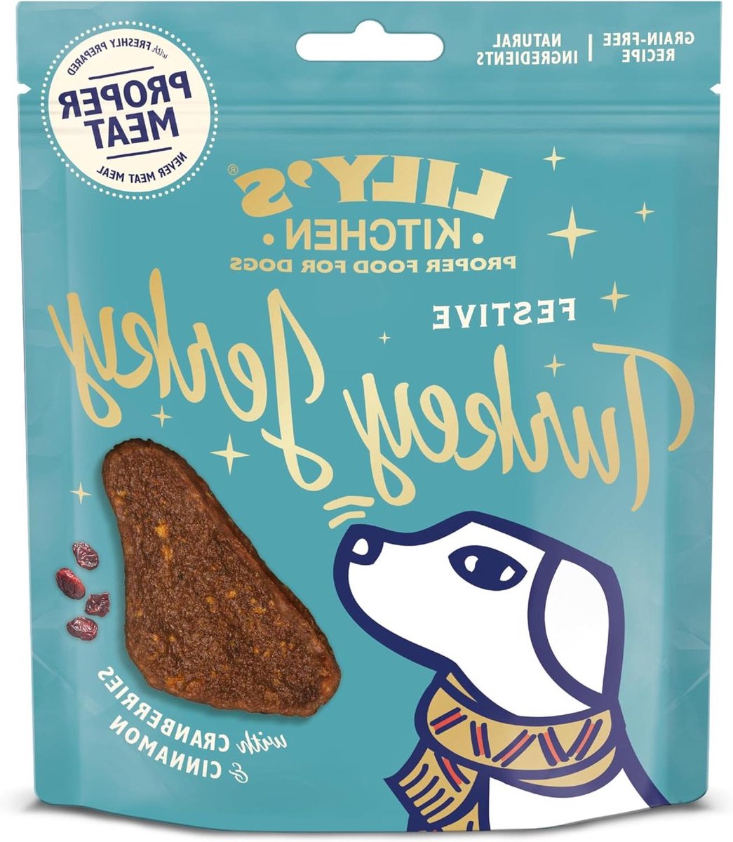 Feestelijke kalkoenreepjes voor volwassen honden - Graanvrij recept 70 g met natuurlijke ingrediënten.