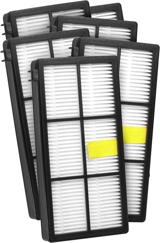 Zes witte HEPA filters met zwarte lijsten en gele linten.