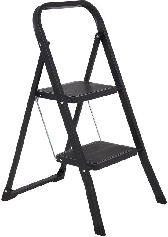 Infinity Goods Stevige Huishoudtrap 2 Treden - Keukentrap Inklapbaar - Anti-Slip - Trap Ladder - Opvouwbaar - Metaal - Zwart