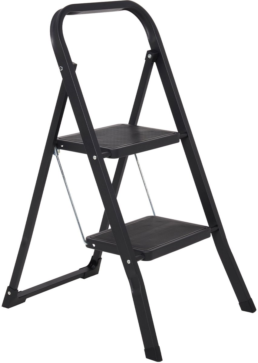 Infinity Goods Stevige Huishoudtrap 2 Treden - Keukentrap Inklapbaar - Anti-Slip - Trap Ladder - Opvouwbaar - Metaal - Zwart