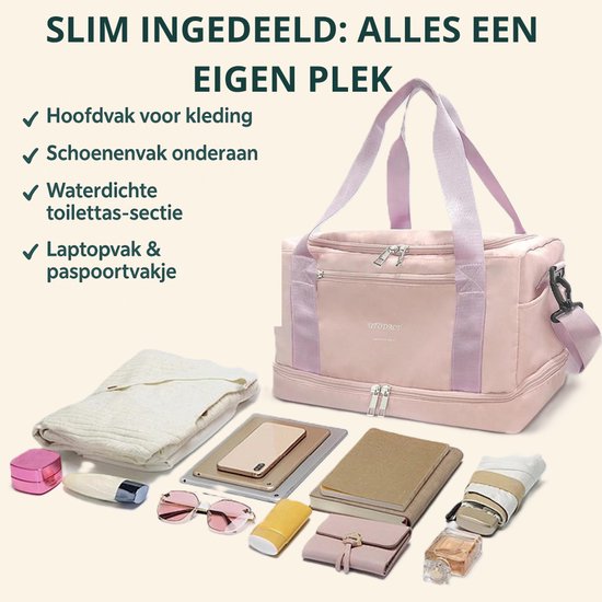 Reistas Handbagage - 40x20x25cm - Geschikt voor Ryanair en EasyJet - Underseat - Sporttas - Schoudertas - Roze - Weekendtas