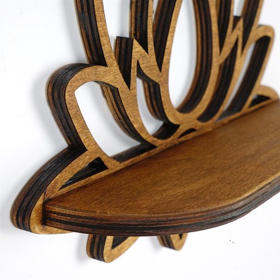 Gedetailleerd aanzicht van de houten lotus bloem wandplank.
