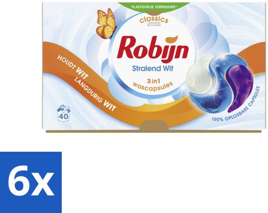 Robijn - Stralend Wit - 3-in-1 Wascapsules - Houdt Langdurig Wit - 40 Wascapsules - Voordeelverpakking - 6 stuks