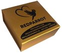 Gouden doos met zwarte tekst en logo van RedParrot. Adres: Hastelweg 232A, 5652CM Eindhoven, Nederland.