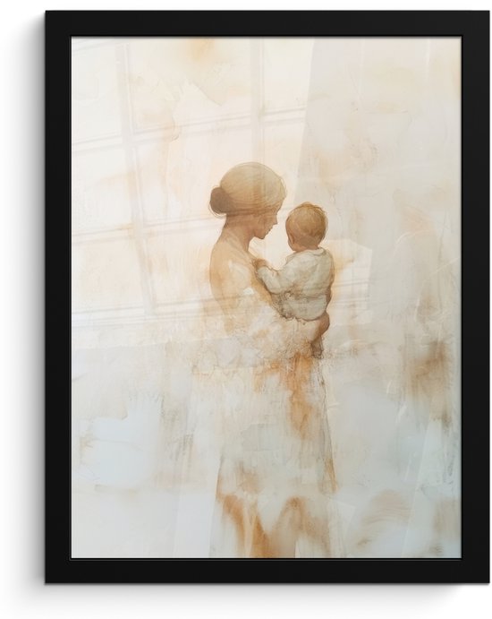 Poster in lijst - Fotolijst 30x40 cm - Posters - Kind - Moeder - Waterverfschilderij - Posterlijst zwart - Decoratie - Wanddecoratie woonkamer - Muurdecoratie slaapkamer