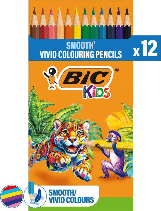 Verpakking van BIC Kids kleurpotloden met een kleurrijke jaguar en een aap. Bovenaan liggen 12 potloden.