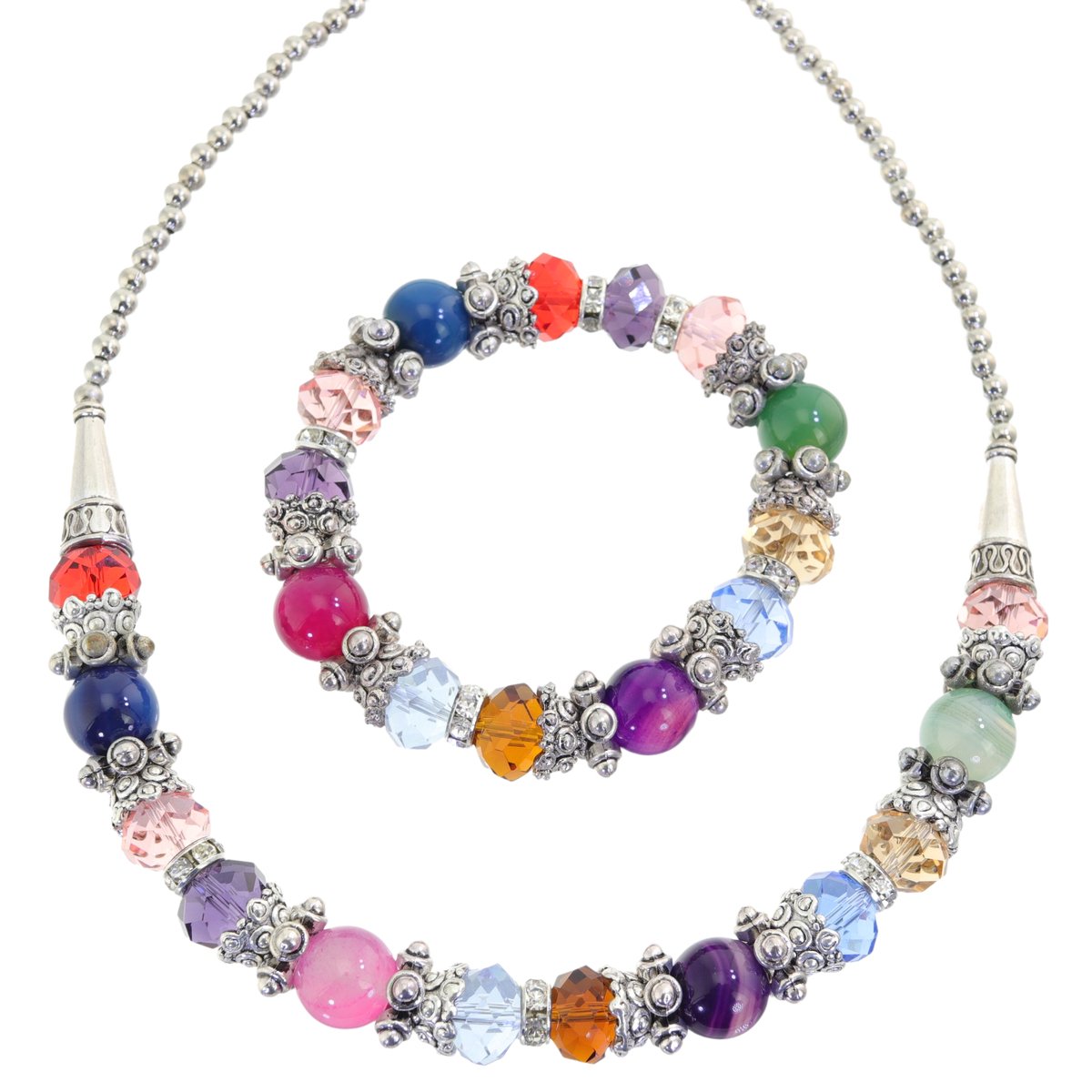 Sieradenset dames ketting & armband – glaskralen en natuursteen multi kleur – boho chic – nikkelvrij – Behave®