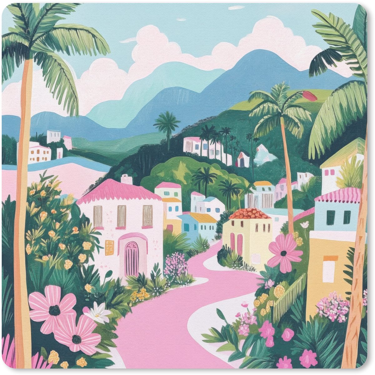 Muismat 30x30 cm - Mousepad Kleurrijk - Huizen - Heuvels - Roze - Muismatten