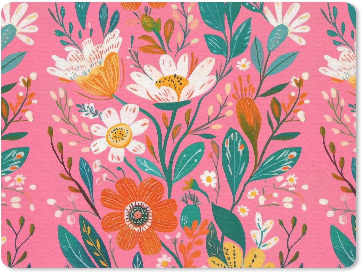Muismat 23x19 cm - Mousepad Roze - Bloemen - Wit - Oranje - Muismatten