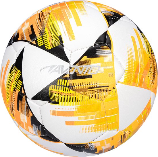 Voetbal met wit-zwart-oranje abstract stadsdesign. Het merklogo 'AVENTO' staat op een wit vlak.