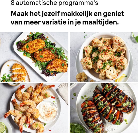 Collage van vier gerechten bereid in de airfryer: kipfilet, bloemkool, garnalen en gegrilde aubergine.