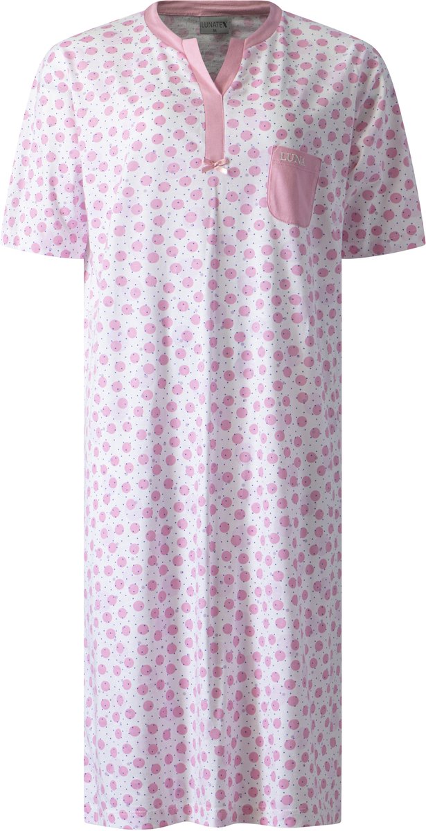 Lunatex dames nachthemd 224176 - korte mouw - 100% katoen - roze Roze met wit
