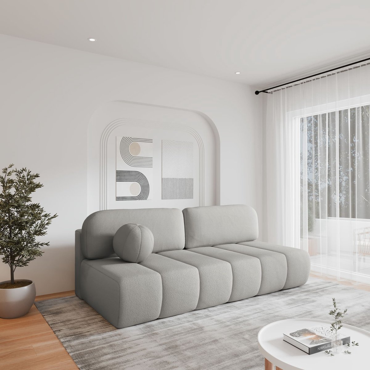 AJE Meubles B.V. Sofa in bouclé Comfortabele sofa met slaapfunctie, stijlvolle bekleding in bouclé, sofa met slaapfunctie en opbergruimte, gestoffeerde zitting, met relaxfunctie (BxHxD):210x88x104 cm - FLUFFY - Lichtgrijs (Anthology 15)