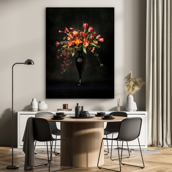 Aluminium schilderij 90x120 cm - Wanddecoratie metaal - Sierlijk - Boeket - Vaas - Metalen muurdecoratie woonkamer - Decoratie industrieel - Foto op dibond - Industriële accessoires slaapkamer