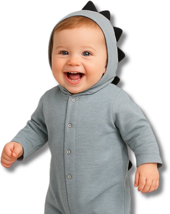 BoefieBoef Baby Boxpakje Dinosaurus - Baby Onesie Jumpsuit Blauw - Kruippak - Dierenpak - Pyjama - 6-18 maanden - Romperer, Boxpakje, Kruippak, Dierenpak, Pyjama – Baby's 6-18 maanden - jongens en meisjes - 100% Katoen - Drukknopen – Blauw