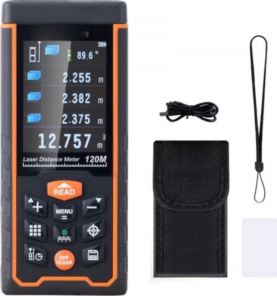 Zwarte laser afstandsmeter met oranje accenten en een 2,4" LCD-scherm. Inclusief hoesje, USB-kabel en draagkoord.