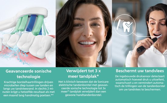 Triptiek: sonische tandenborstelkoppen, lachende vrouw, vrouw die tanden poetst met sonische tandenborstel.