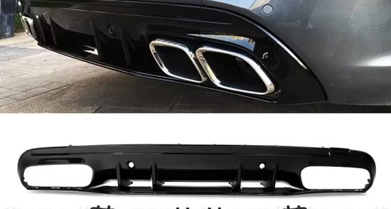 Zwarte diffuser op een auto, met chromen dubbele uitlaattips, en de losse diffuser eronder.