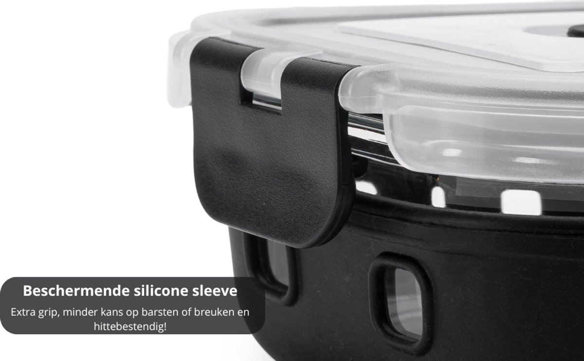 VDN Glazen Meal Prep Bakjes met Silicone Sleeve – 10 Delige Set Vershoudbakjes van Borosilicaatglas – Luchtdicht & BPA Vrij – Magnetron met Ventiel, Oven, Vriezer & Vaatwasser Bestendig – 5x1040ML & 5x370ML — afbeelding 3