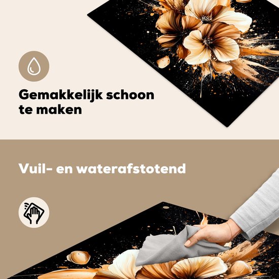 KitchenYeah® Protection plaque induction 76x51.5 cm - Bloemen - Goud - Graffiti - Zwart - Protege plaque de cuisson - Couvre plaque induction - Protecteur d'induction - Cuisine