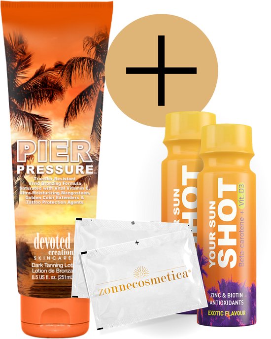 Tube de lotion bronzante foncée Pier Pressure avec palmiers, plus 2 flacons Your Sun Shot et 2 sachets zonnecosmetica.