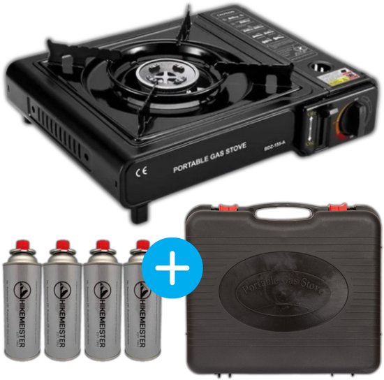 #1 Draagbaar 1-Pits Camping Gasstel – Inclusief 4 Gasflessen & Luxe Draagkoffer – Krachtig, Compact & Veilig