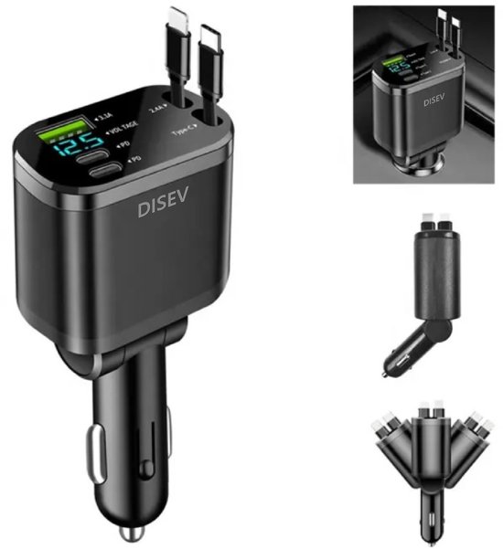 Zwarte DISEV autolader met twee USB-C kabels, digitaal display en diverse hoeken.