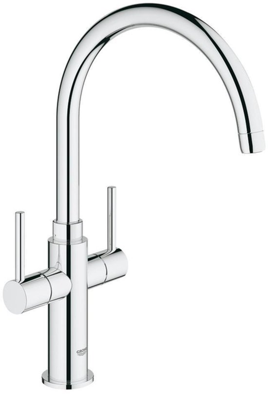 GROHE keukenkraan, chroom, met hoge gebogen uitloop en dubbele hendels.