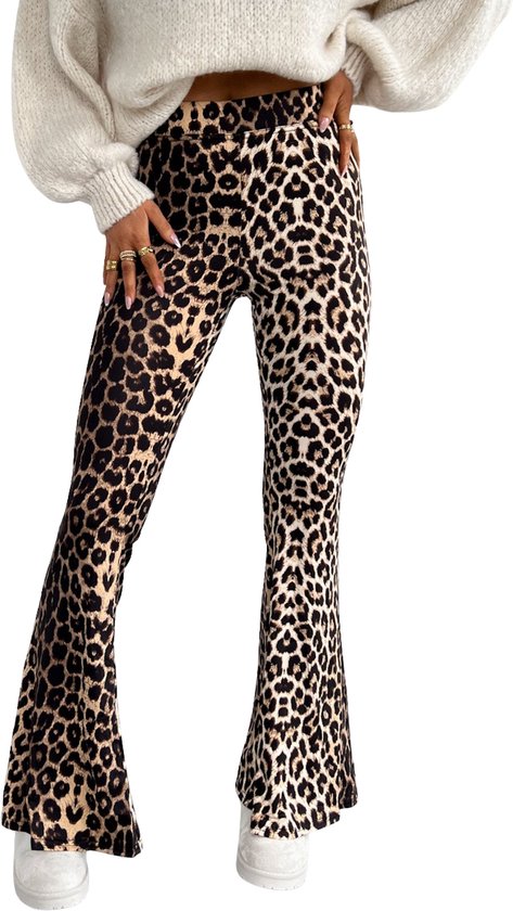 Modieuze Dames Flare Broek / Flare Pants | Fishtail Pantalon | Cheetah print - L