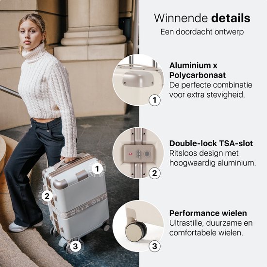 ONYX Handbagage Koffer 33 Liter - Reiskoffer met TSA slot - Spinner wielen - Lichtgewicht Trolley - Aluminium sluiting - Sand wit