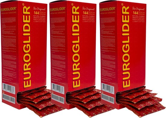 Drie rode Euroglider condooms verpakkingen, elk met 144 stuks premium condooms.