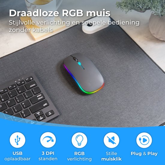 Nuvance Draadloze Muis LED - Bluetooth - Stil - Laptop & Gaming - Draadloos - Computermuis - Links & Rechtshandig - Zwart