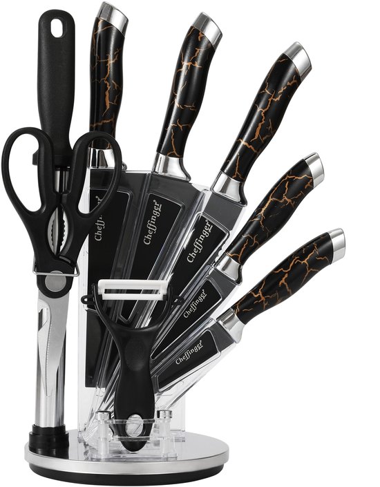 Cheffinger Messenset met Standaard - 9-delig - Zwart / Rosé Goud / Marmer