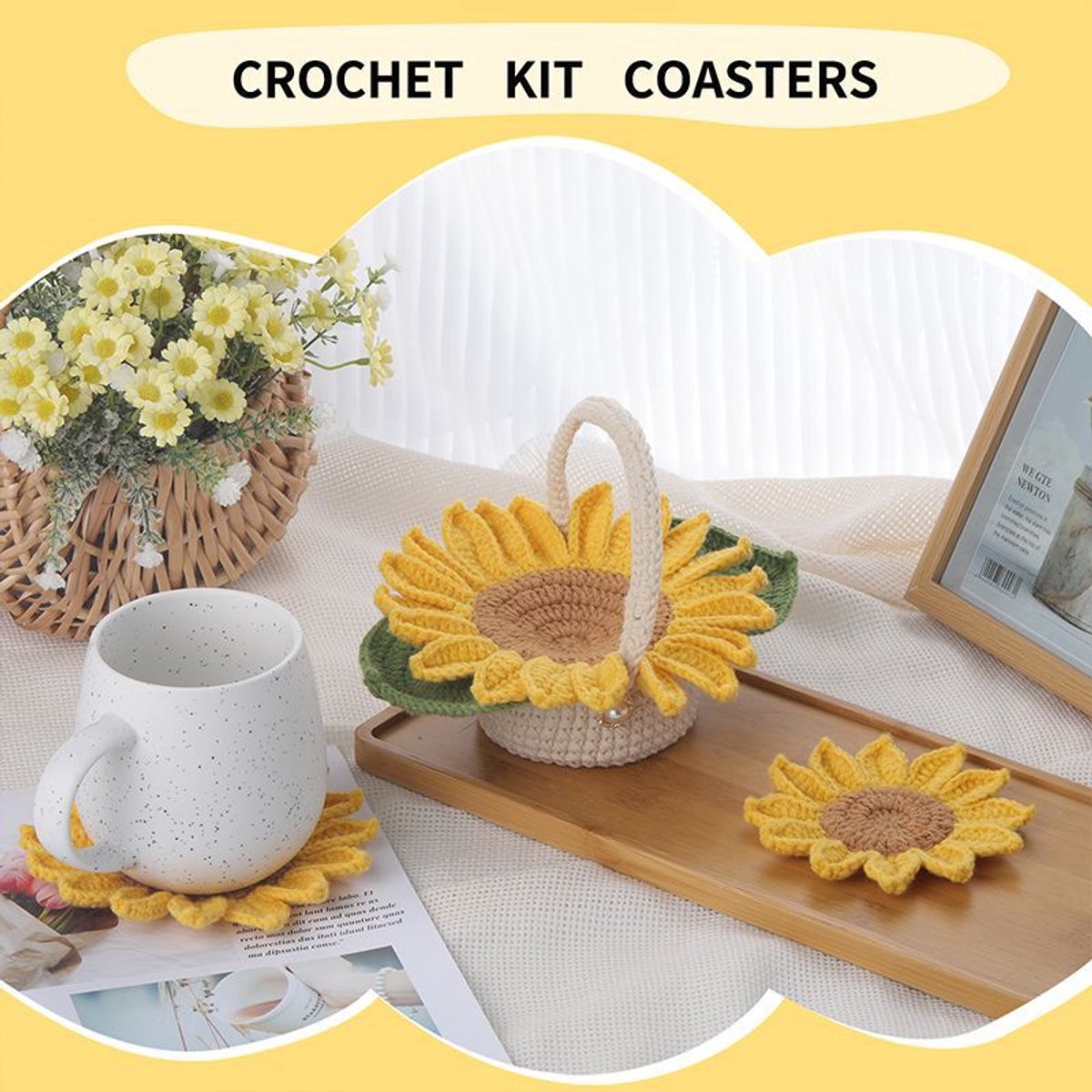 All-in-One Haakpakket Zonnebloem Onderzetters – DIY gehaakte bloemen onderzetters – Compleet met garen, haaknaald & patroon — afbeelding 2