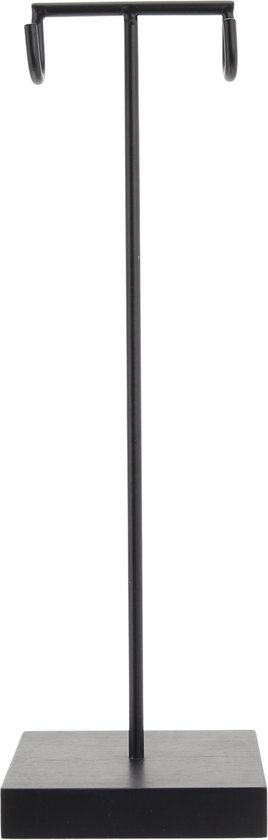 Support décoratif noir pour bijoux, avec une base carrée et un cintre en forme de T, isolé sur fond blanc.