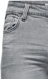 Detail van de tailleband en zak van een grijze denim short.