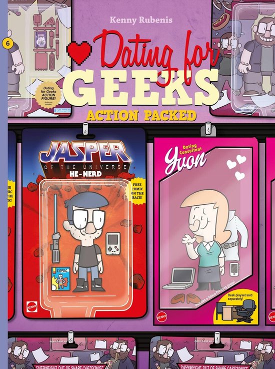 Dating for Geeks actiefiguren in verpakking: Jasper de He-Nerd en Dating Consultant Yvon.